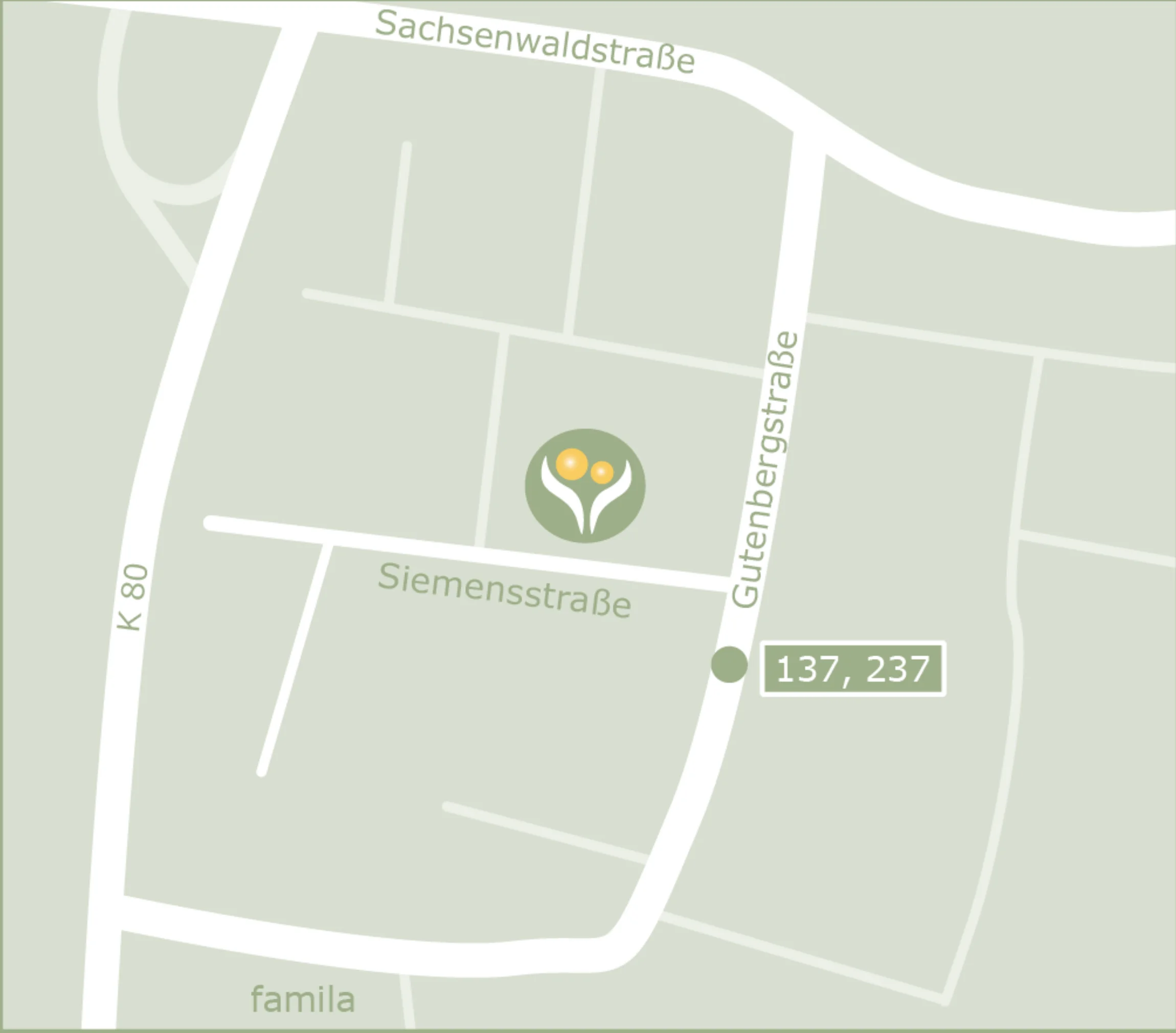 Karte mit Von Früh An in der Siemensstraße 4 und Bushaltestellen der Linien 137 und 237.