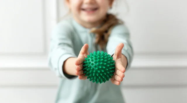 Ein lächelndes Mädchen hält mit beiden Händen einen grünen Igelball in die Kamera.